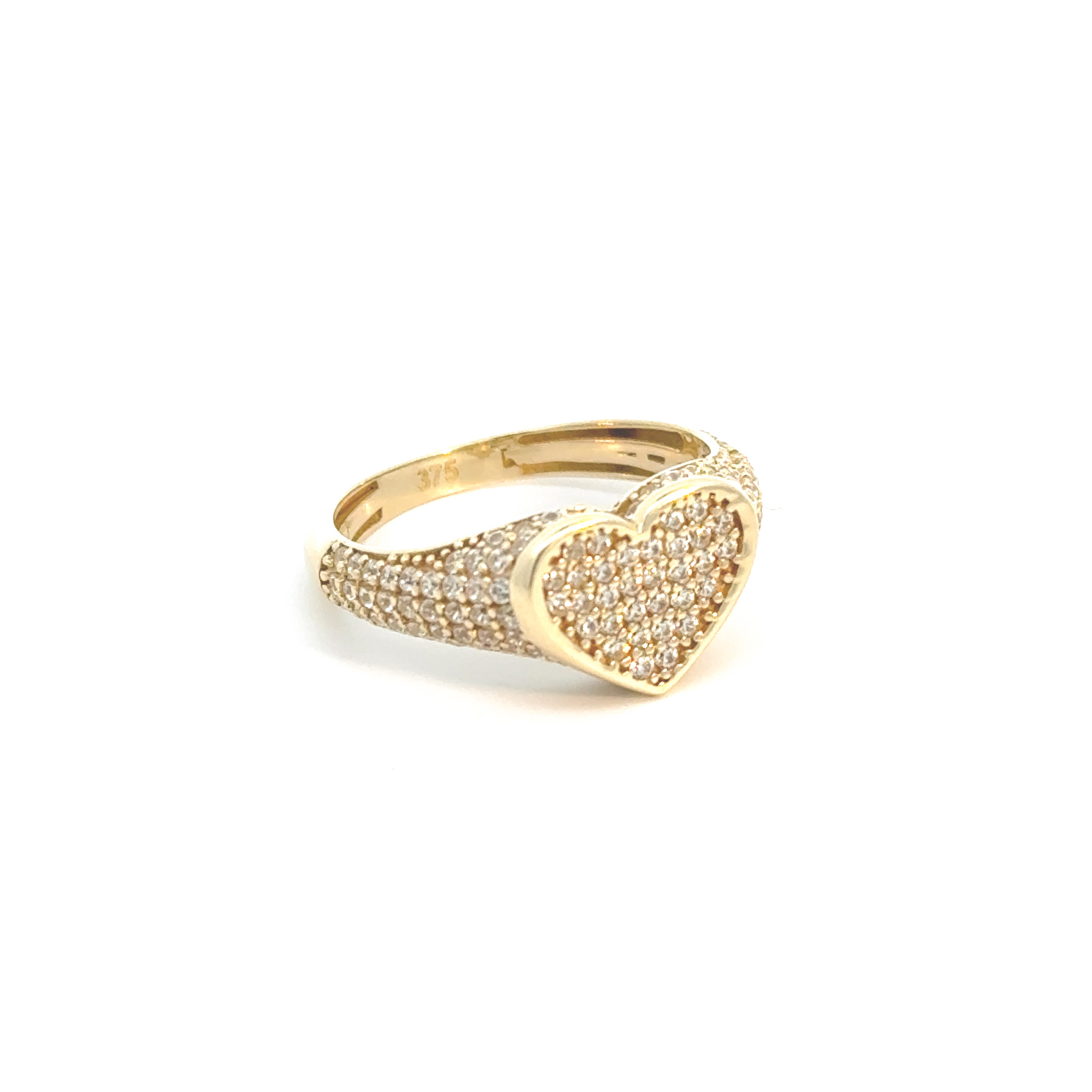 9K Yellow Gold Heart Shaped Ladies Ring CZ Set Polished Heart Frame Side 2